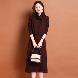 配围巾2024春秋新款羊绒衫女装高个子长款过膝毛衣春秋大码打底羊毛针织连衣裙高端羊毛衫女内搭针织羊绒连衣裙V领套头毛衣女