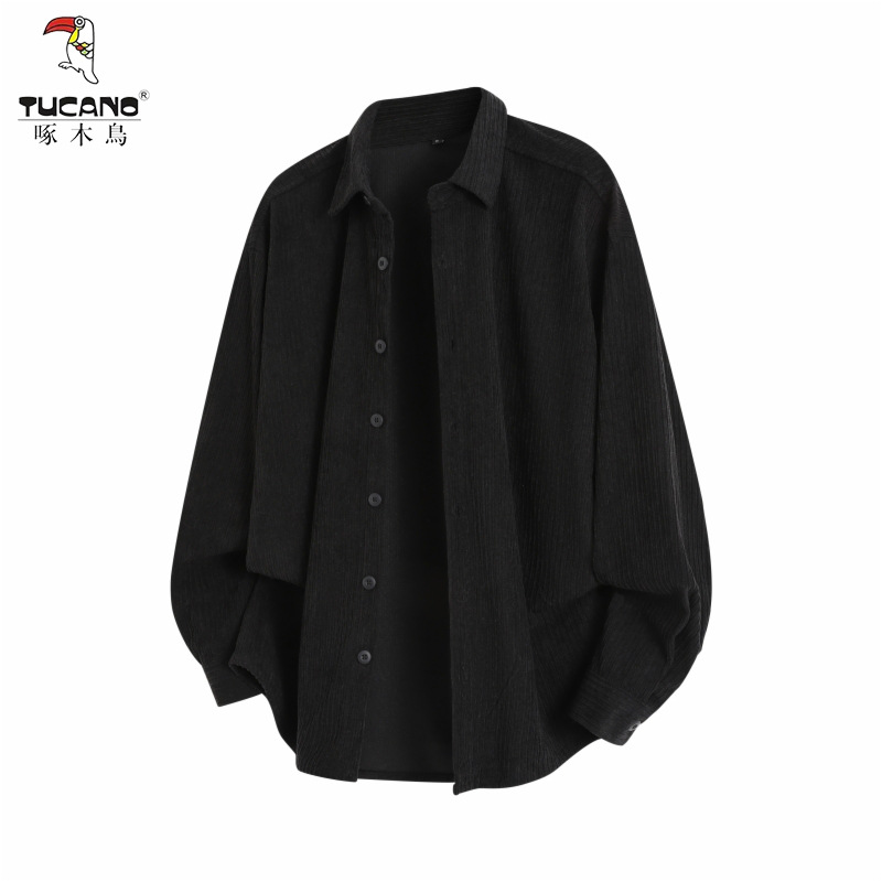 啄木鸟秋季加厚灯芯绒长袖衬衫上衣男士春秋款休闲宽松港风衬衣男