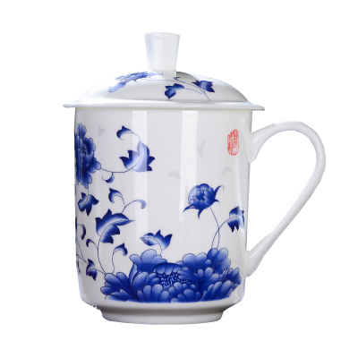 景德镇陶瓷水杯带盖骨瓷青花瓷茶杯会议礼品办公杯家用水杯大容量500ML