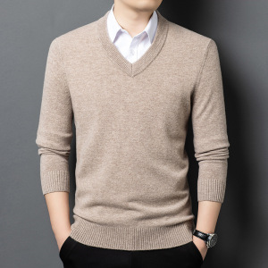 加厚纯羊毛420克鸡心领V领羊毛衫男冬季新款保暖打底男士毛衣
