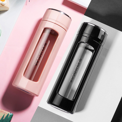 富光(FGA)玻璃杯双层水杯女可爱便携夏天大容量茶水分离泡茶杯子男情侣款（黑色420ml+粉色420ml）