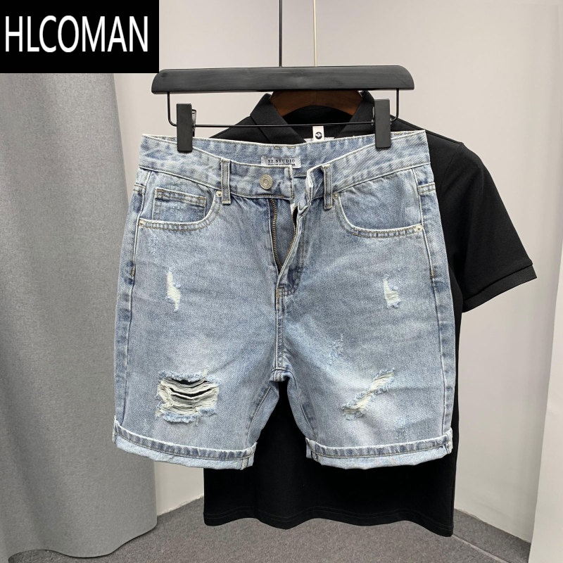 HLCOMAN男生2025年夏季新款休闲无弹牛仔短裤刮烂猫须大破洞乞丐四分裤潮