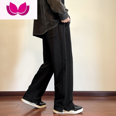 七斓美式复古裤子男ins潮百搭宽松垂感高街开叉设计感小众阔腿卫裤春
