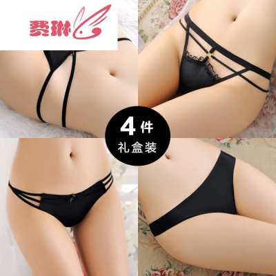 费琳4条装一片无痕冰丝丁字裤女内裤夏薄低腰性感透明镂空诱惑裤头费琳