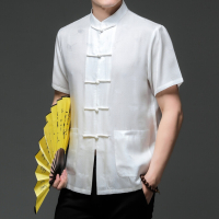 花花公子高档品质提花桑蚕丝绸唐装短袖男士衬衫商务休闲宽松中老年上衣服