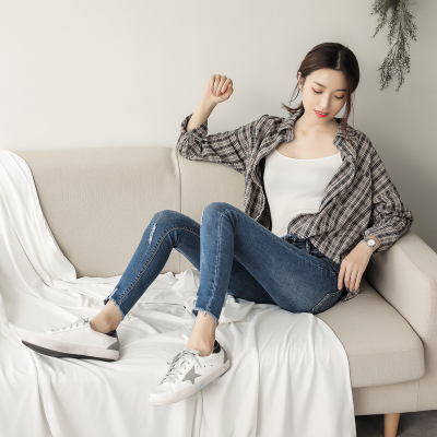 韩国高腰牛仔裤女韩版显瘦紧身小脚铅笔裤弹力九分裤毛边长裤7.28