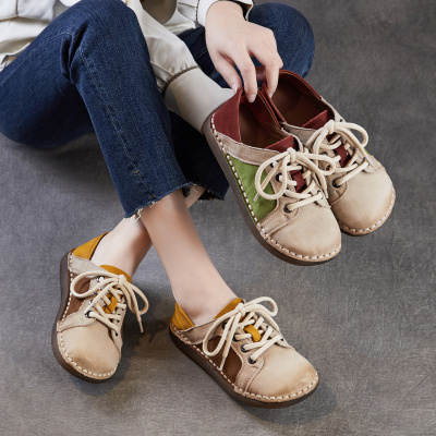 头层牛皮手工复古拼色女鞋2026春季新款舒适平底民族风休闲运动鞋