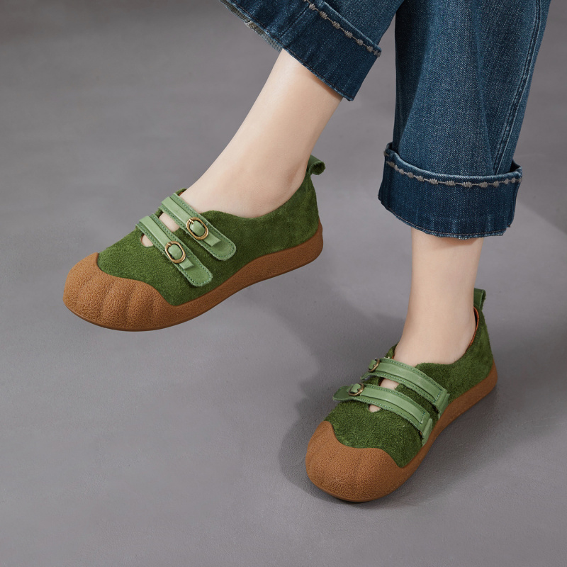 2026春季新款头层牛皮平底休闲鞋女魔术贴芭蕾德训鞋复古真皮单鞋