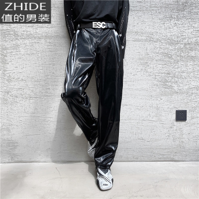SUNTEK网红潮流个性炸街雅痞亮面皮西裤男士直筒机车黑色痞帅裤子舞台装西裤