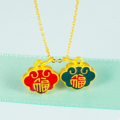 足金999福字锁双面可戴吊坠3D硬金烧蓝坠子宝宝生日节日黄金珠宝