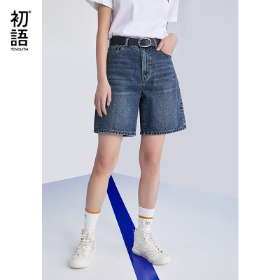 2021初语夏装新款经典百搭水洗织唛阔腿直筒高腰牛仔短裤