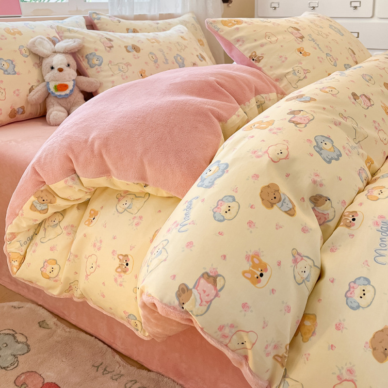 ins加厚A版全棉B版牛奶绒床上四件套冬季加绒法莱绒床单被套