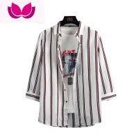七斓条纹衬衫男士七分袖夏季百搭衬衣百搭宽松学生韩版潮流寸衫外套男