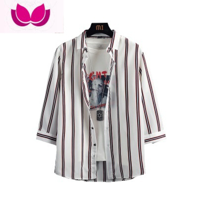 七斓条纹衬衫男士七分袖夏季百搭衬衣百搭宽松学生韩版潮流寸衫外套男