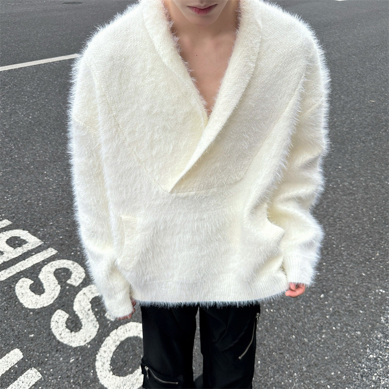 毛衣男美式潮牌慵懒貂毛V领春秋宽松百搭休闲纯色毛衣针织衫_30