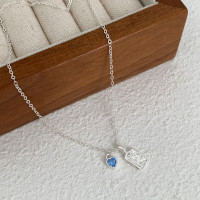 纯银蓝色爱心方块吊坠项链女款2025新款轻奢小众百搭锁骨链送女朋友老婆情人节七夕生日礼物