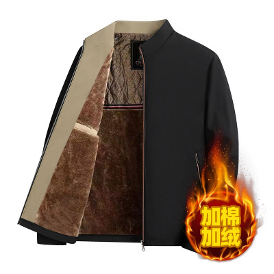 秋冬中老年男士商务加绒加厚夹克宽松爸爸外套立领休闲父亲装