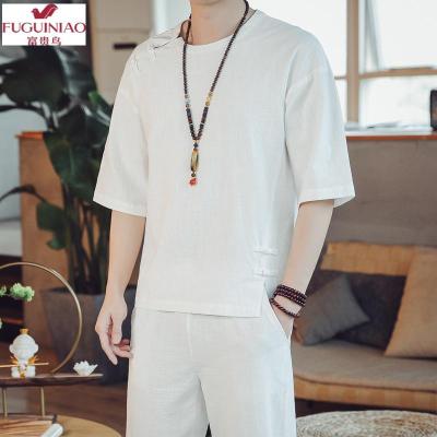 富贵鸟（FUGUINIAO）中国风简约套装男夏季宽松大码棉麻休闲唐装青年复古短袖汉服