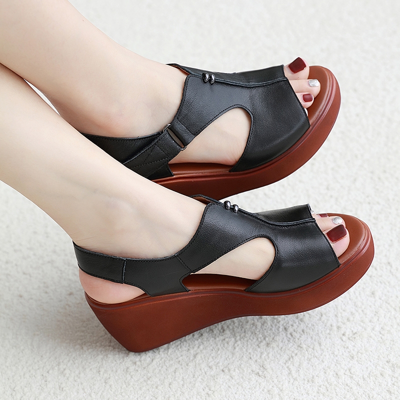 ideamini33码-43码 外穿皮凉鞋女休闲百搭松糕跟女鞋防水台厚底坡跟