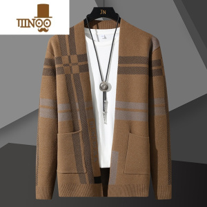 YANXU开衫毛衣男潮流条纹针织外套男士线衣外穿保暖V领百搭