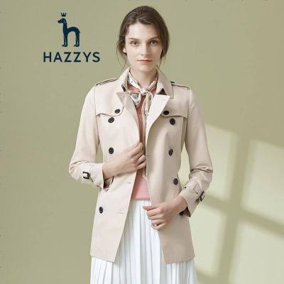 哈吉斯HAZZYS2019春季新款修身简约纯色风衣女中长外套ASWSH09AH05