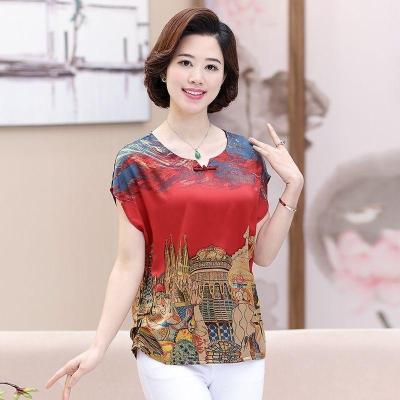 中老年女装妈妈装夏装中年女40-50短袖仿真丝T恤上衣聚酯纤维涤纶衫伊格