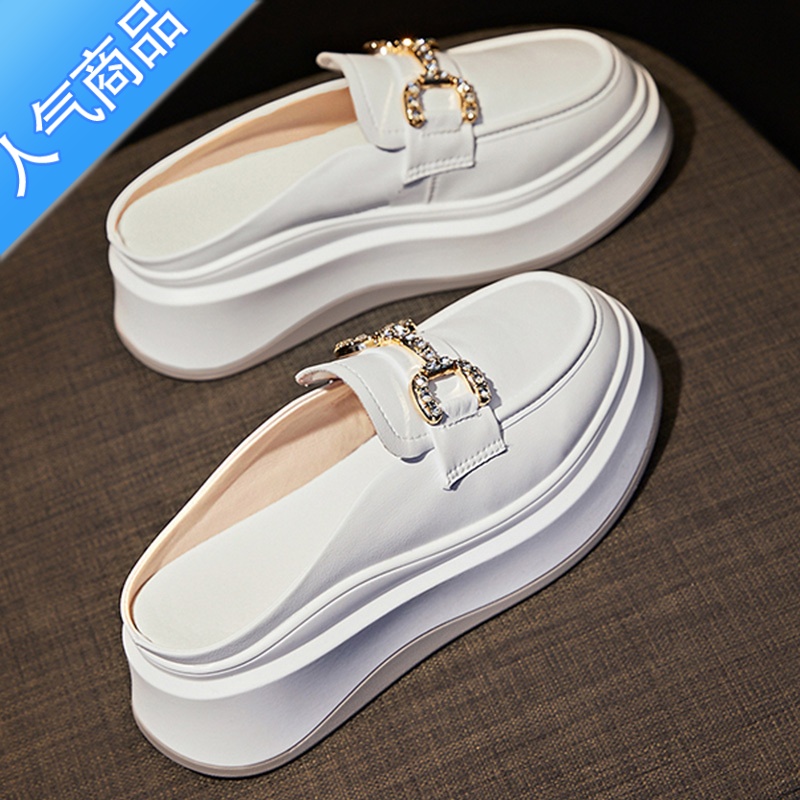 SUNTEK包头半拖鞋女夏2023新款内增高厚底小白鞋外穿一脚蹬~全