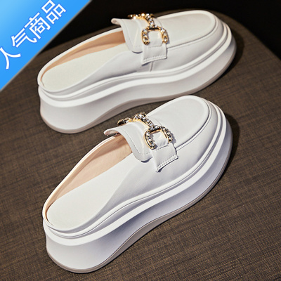 SUNTEK包头半拖鞋女夏2023新款内增高厚底小白鞋外穿一脚蹬~全