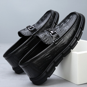 头层牛皮休闲鞋男士防滑舒适透气豆豆鞋一脚蹬鳄鱼纹套脚懒人皮鞋_308632