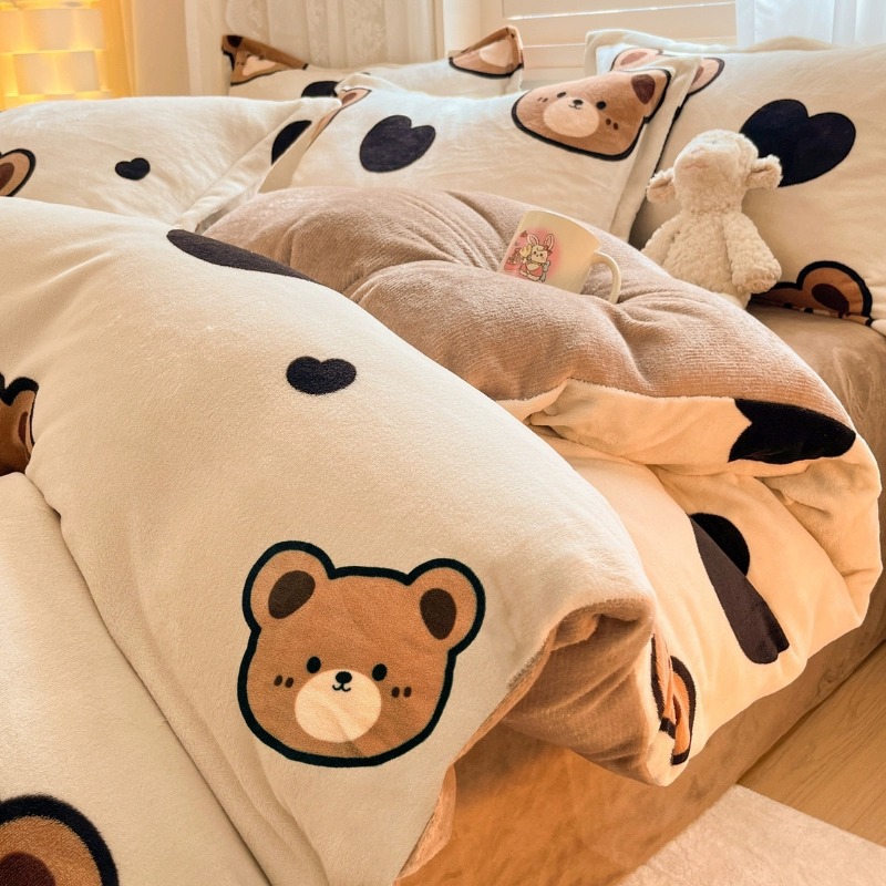 可爱卡通牛奶绒四件套冬季加厚珊瑚绒床单被套南通加绒床上三件套_814
