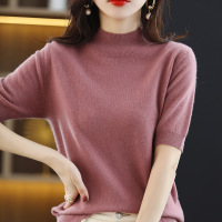 春秋针织五分袖女半高领短袖打底T恤时尚修身套头内搭半袖上衣