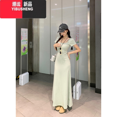 YIBUSHENG纯欲风粉色短袖连衣裙女季辣妹带胸垫气质方领收腰显瘦A字长裙