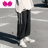 七斓裤子男潮牌直筒亚麻裤日系大码阔腿九分休闲裤宽松束脚运动裤