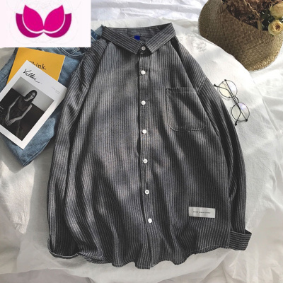 七斓日系学生内搭衬衫男长袖ins潮港风衬衣竖条纹打底衫痞帅外套