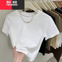 YIBUSHENG季圆领百搭修身纯欲正肩短袖t恤女辣妹高腰短款露肚脐体恤上衣