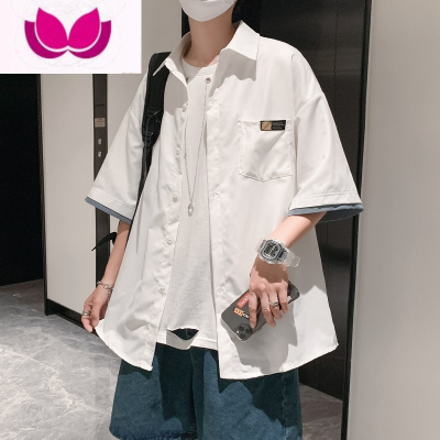 七斓假短袖衬衫男潮ins夏季薄款宽松外套日系潮牌休闲百搭衬衣服