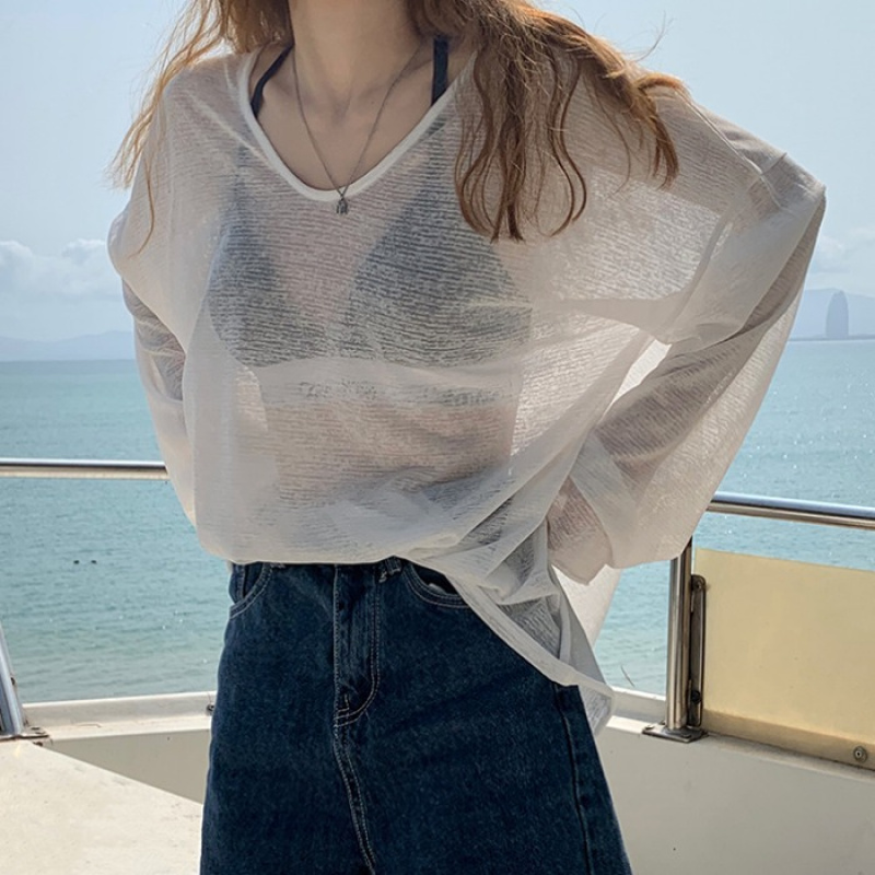 薄款仿冰丝长袖防晒衣女夏透视装外穿打底衫学生上衣T恤女装