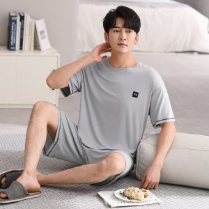 春夏季短袖睡衣男士薄款青少年休闲简约可外穿家居服套装