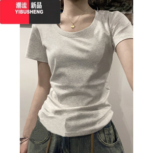 YIBUSHENG美式复古短袖正肩t恤女季显瘦修身辣妹短款紧身上衣设计感小众
