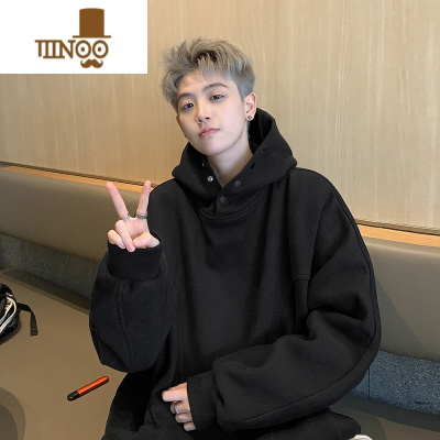 YANXU纯黑色排扣卫衣男款500g硬挺无抽绳连帽美式外套oversize