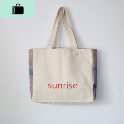 莫奈油画日出帆布包 艺术名画单肩手提袋 加厚侧印图案简约气质女NEW LAKE 侧印日出/横版/中号女士单肩包