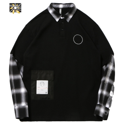 暖青汇周家恩韩版个性秋季薄款假两件拼接格子立领衬衫长袖t恤男女潮牌衬衫