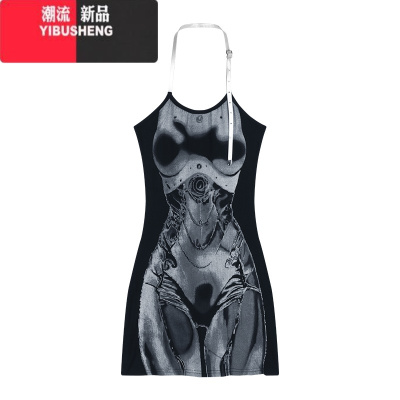 YIBUSHENG辣妹印花白色挂脖吊带连衣裙女季修身露背短裙收腰显瘦包臀裙子