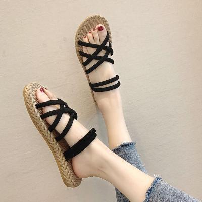 凉鞋女夏新款韩版学生平底凉拖鞋两穿网红罗马凉鞋厚底沙滩女PU衫伊格