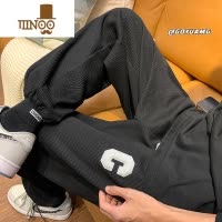 YANXU华夫格休闲裤子男款学生宽松直筒九分裤潮牌高街束脚运动裤