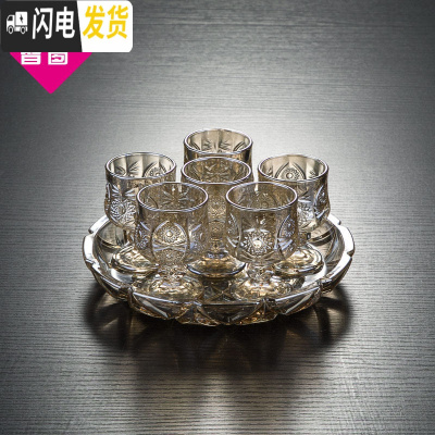 三维工匠家用创意白酒杯金色高脚刻花一两小酒杯玻璃套装50 烈酒酒杯 咖色6只酒杯加托盘