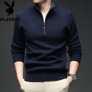 花花公子品牌秋冬新款立领加厚100羊毛衫男士毛衣保暖时尚打底衫大码男装