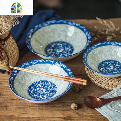 8英寸大汤碗青花陶瓷家用面碗大号汤碗釉下彩面碗斗碗可微波餐具 FENGHOU 6英寸青花斗碗6个装略深套装