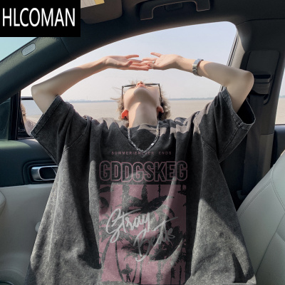 HLCOMAN夏季美式水洗做旧短袖T恤男宽松半袖高街体恤情侣打底衫潮牌