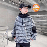 男童高领连帽卫衣加绒加厚新款中大童条纹上衣痞帅儿童秋冬装